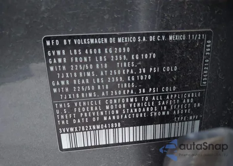 2022 Volkswagen Taos 1.5T Se z USA, uszkodzony, nr VIN 3VVWX7B2XNM041898